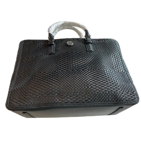 Tory Burch Robinson Black Tote Basketweave Saffiano Leather Large Handbag Bag NW - Picture 4 of 9